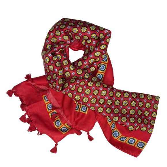 NEW Boho Floral Design Tasseled Rectangle Soft Chic Scarf Large Red Yellow Blue - Picture 4 of 15